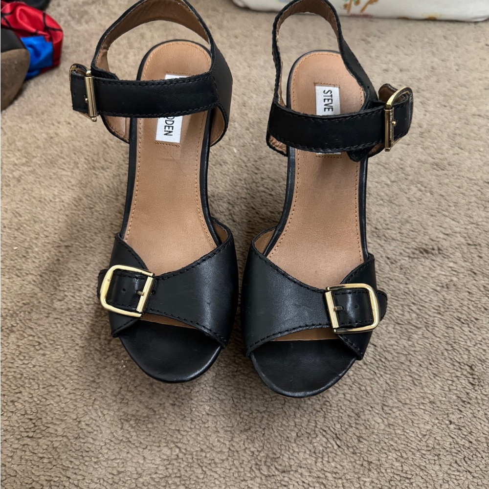 Steve Madden Black Wedges with Gold Buckle